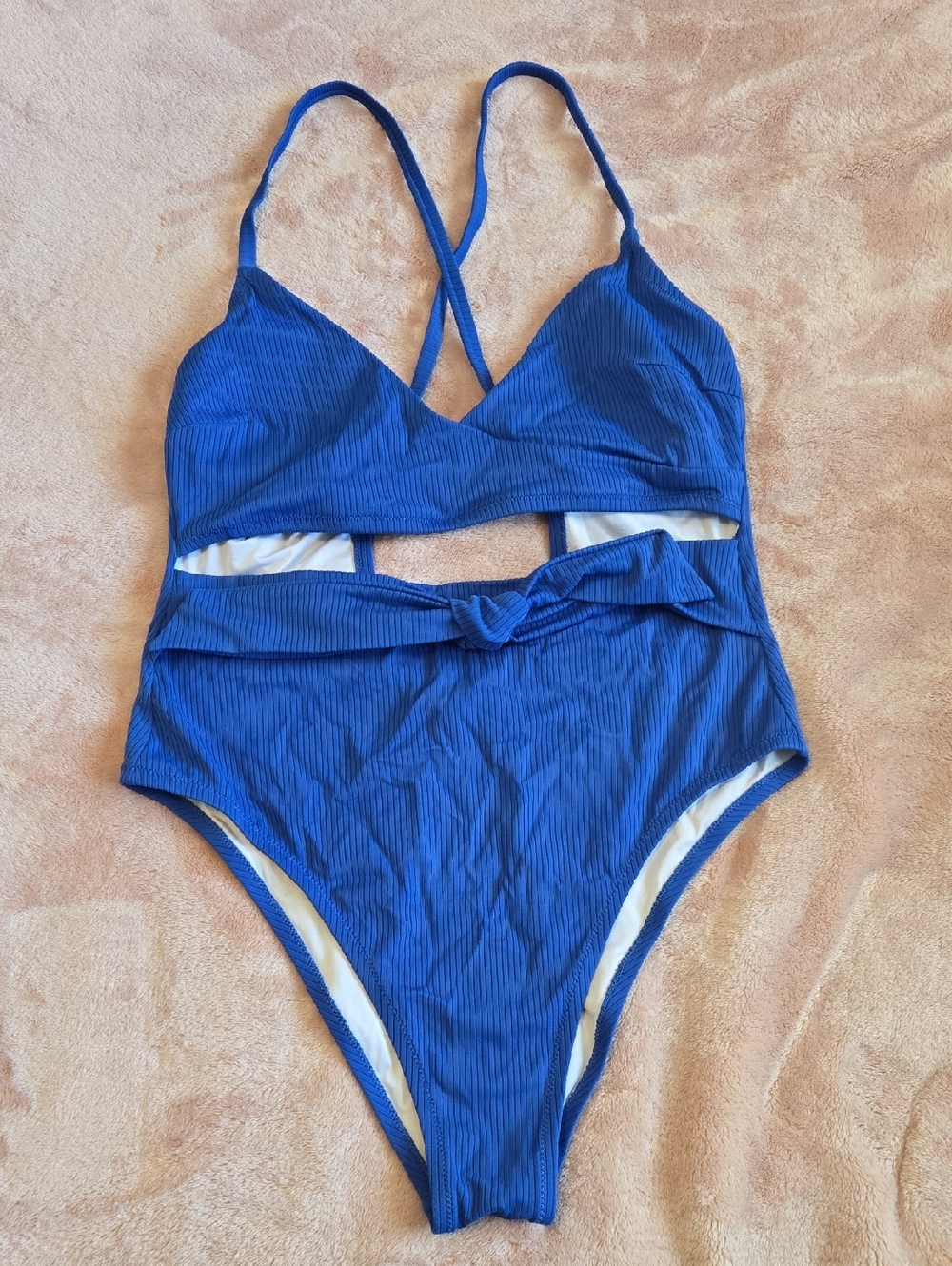 Shade & Shore Blue Ribbed One-Piece Swimsuit with Knot Detail - L
